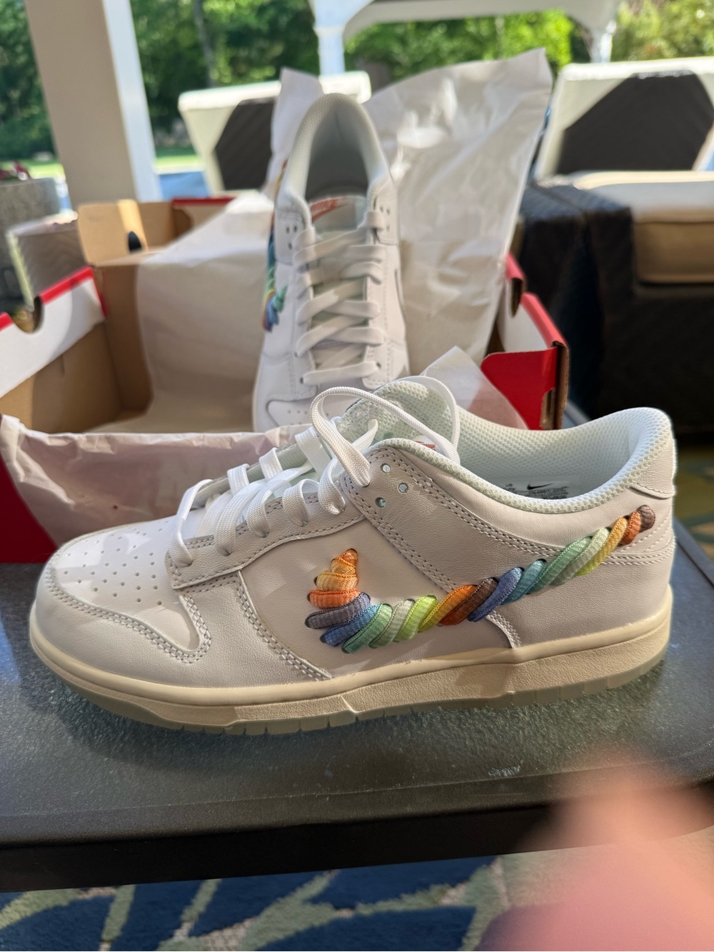 Nike Kids White Low-Top Sneakers with Rainbow Rope Swoosh Accent